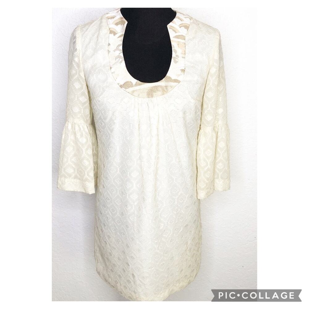 Trina Turk ivory gold metallic embroidered dress size 2